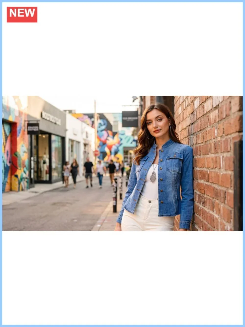 Classic Stand Collar Denim Jacket Long Sleeve Button Front Cotton Blend Casual